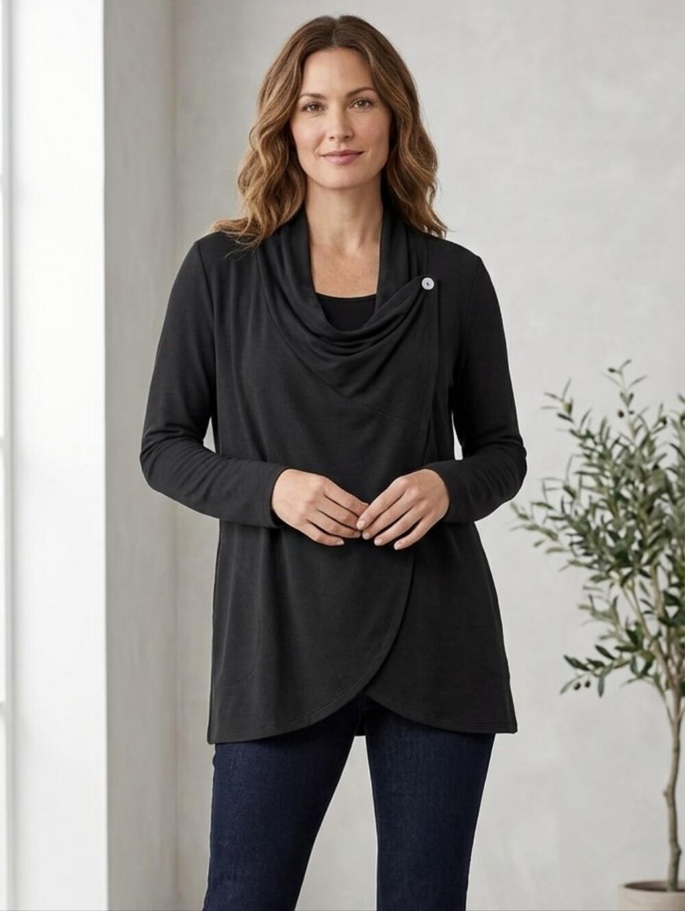 J. Jill Pure Jill Black Wrap Cardigan Mother of Pearl Button Women's Size M
